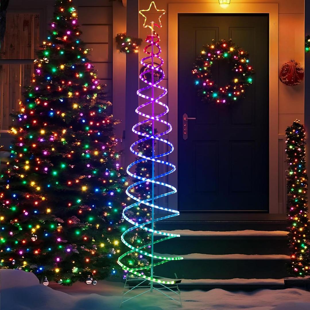 Double Spiral Christmas Tree Light Outdoor, Color Changing Remote Control Outdoor Light Up Christmas Tree with 8 Modes, 24V Plug&Play ETL Waterproof for Xmas Yard, RGB+IC, 7FT