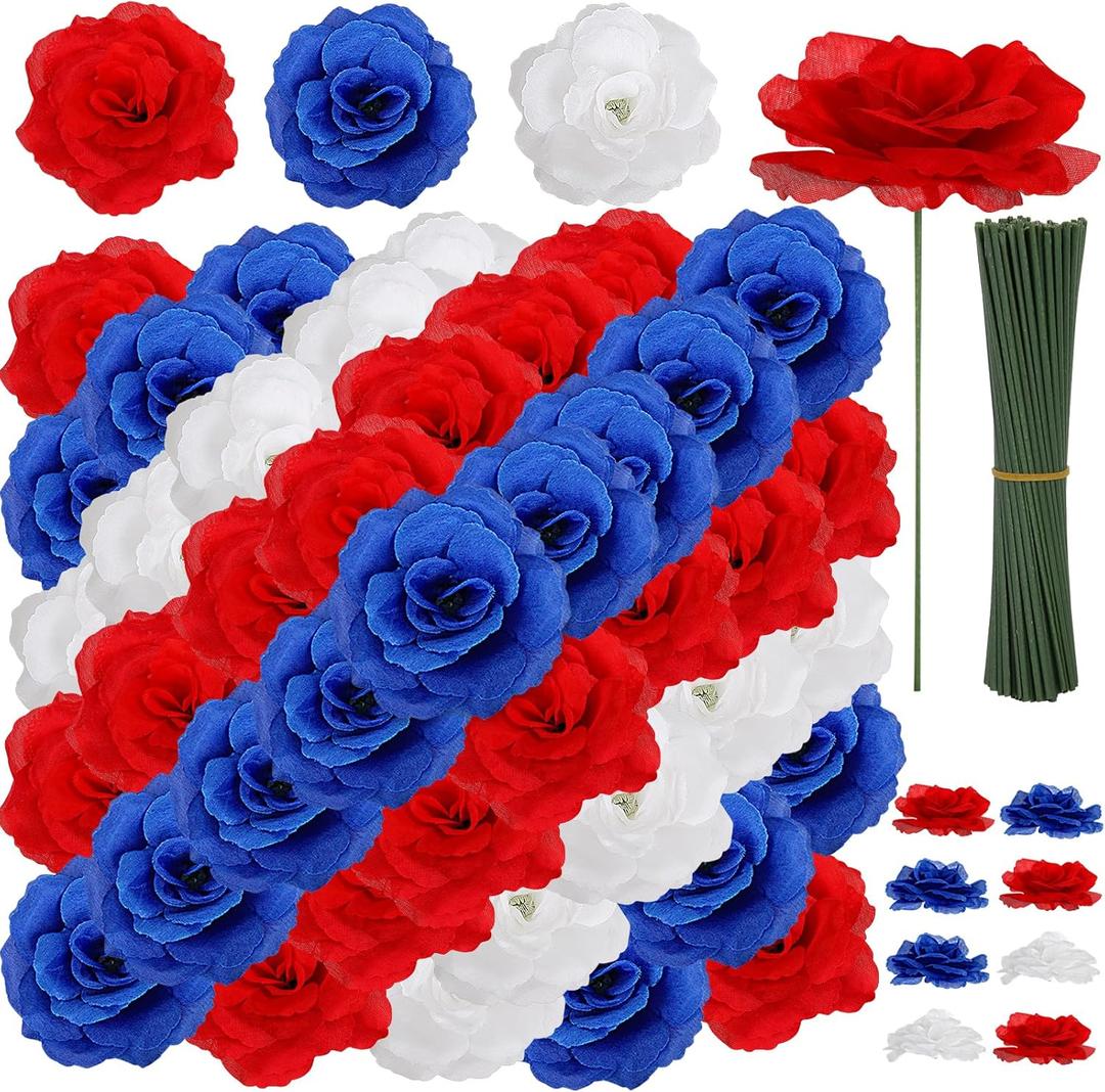 108pcs Roses Head Flowers with Stem - Red Blue & White Artificial Flowers Rose Bulk - Silk Rose Fake Flower Arrangement for Patriotic Memorial Bouquet Grave Centerpieces 4th of July Party Wall Decor