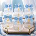 Chuangdi 6 Sets 24 Pcs Baptism Favors for Guests Crystal Candy Bowl Gifts with 6 Pcs Cross Rosary for Baptism Decorations Wedding Baby Shower Supplies First Communion Party(Light Blue)