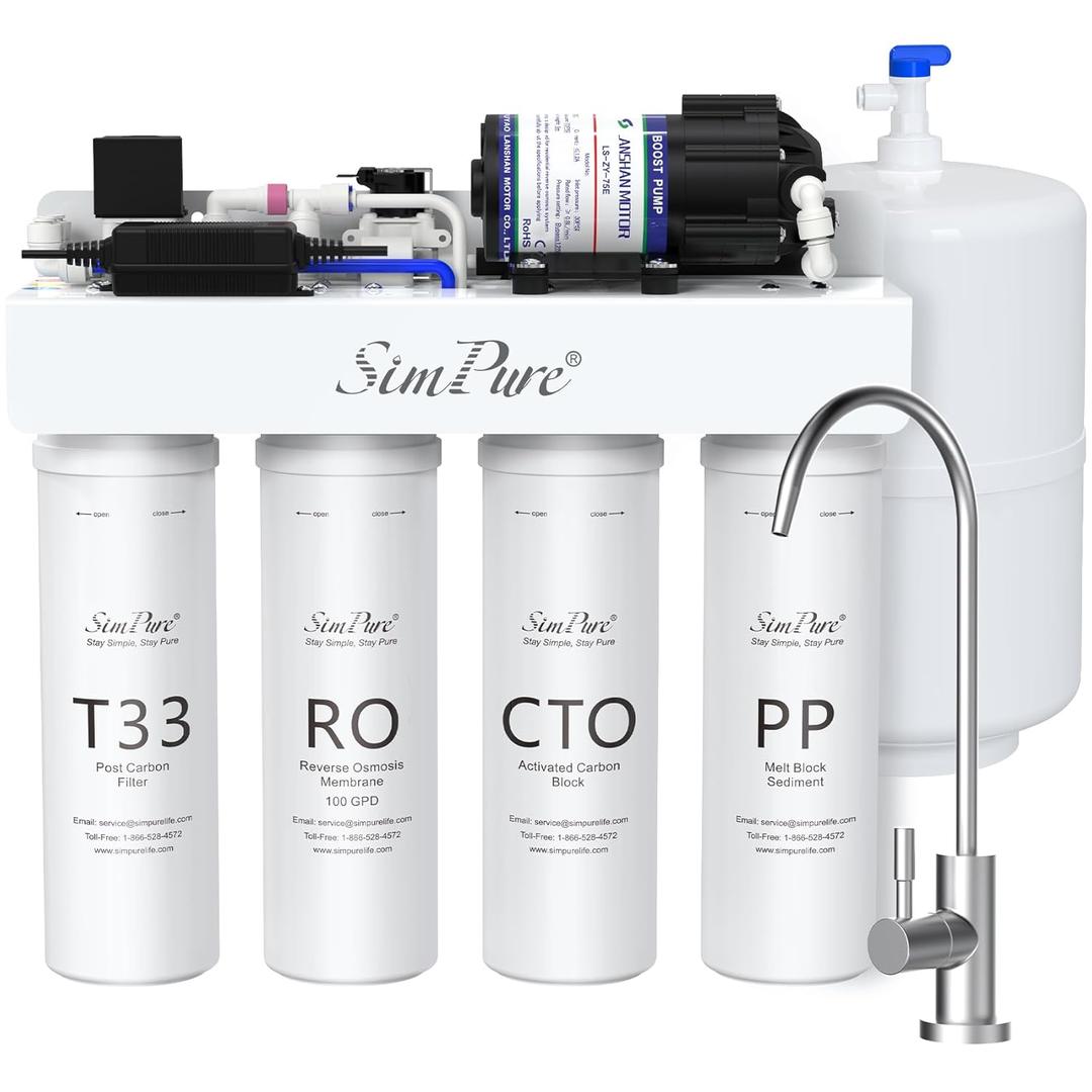 SimPure Reverse Osmosis Water Filter, Near 0 TDS Reverse Osmosis System 7 Stage, NSF/ANSI 58 Certified, Under Sink RO Water Filtration System 100 GPD with Tank, Build in Pump, BPA Free