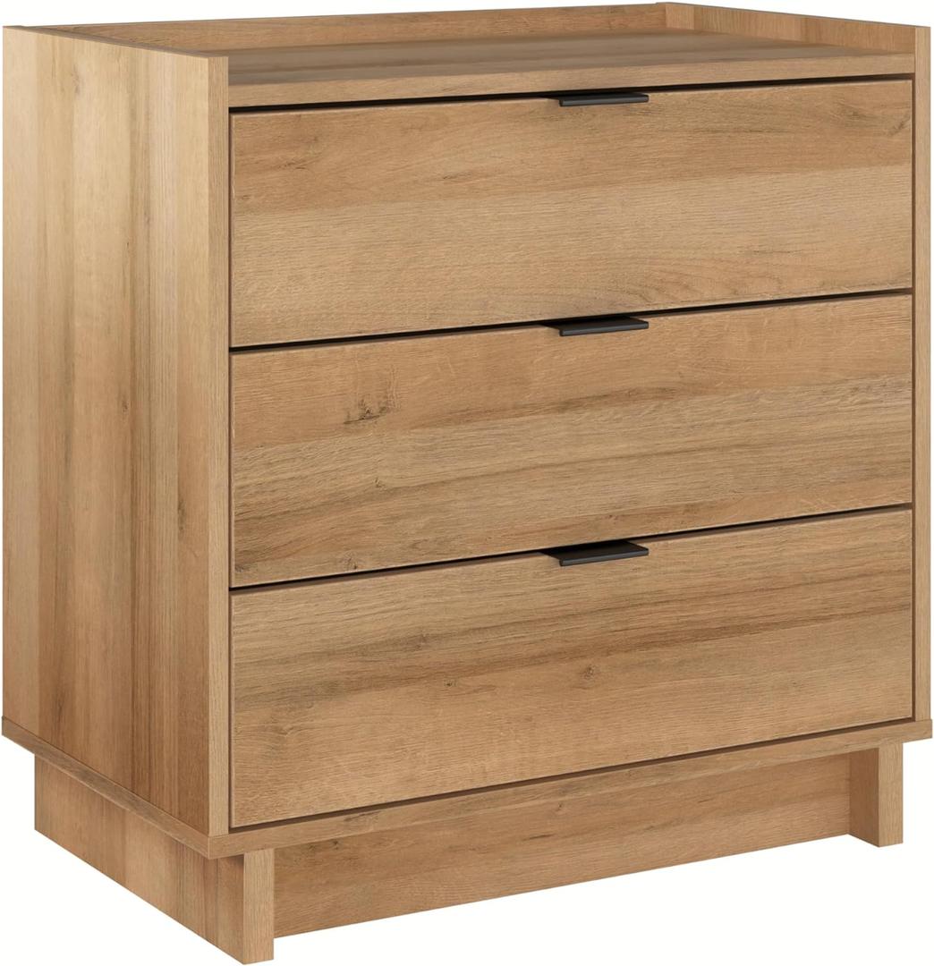 Prepac Simply Modern Nightstand Bedside Table, Natural Oak Nightstand for Bedroom, End Table with 3 Drawers 26.5" W x 26.75" H x 16" D