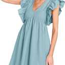 FANCYINN Women's Summer Casual Babydoll Mini Dress Ruffle Sleeveless Deep V Neck Pleated Swing Flowy Tunic Dress (Blue, L)