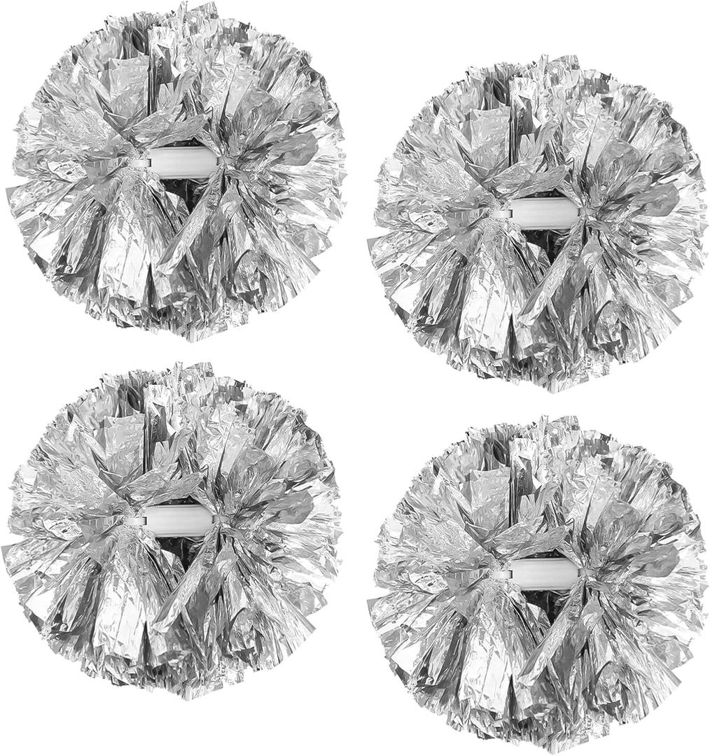 4Pcs Metallic Cheerleading Pom Poms, Creatiee 2 Pair Cheerleader Cheering Squad Pompoms for School Sports Dance Games Team Spirit Cheer (Silver)