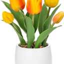 Hollyone Yellow Tulips Artificial Flowers in Vase Fake Tulips Silk Flowers Arrangements Faux Tulip Bulbs with Ceramic Pot Tulip Potted Plants Floral Bouquet for Home Decor Table Centerpiece Decoration