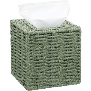 Sage Green Tissue Box Cover Square Natural Paper Rope Hand Woven Tissue Box Holder for Bathroom Living Room Bedroom Kitchen Table Desk Office Boho Home Decor