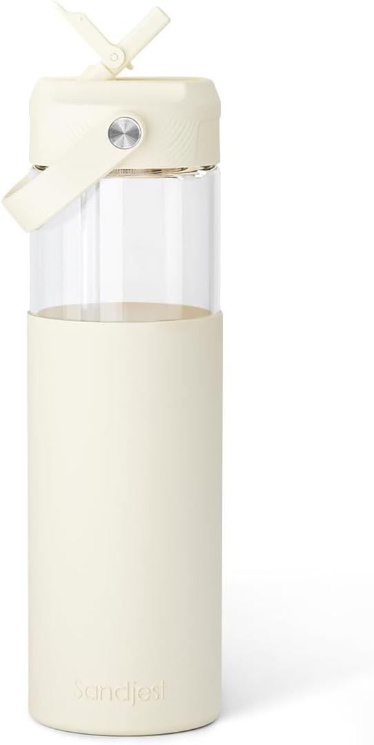 Glass Water Bottle with Silicone Sleeve and Straw Lid 20oz for Girls Women, Glass Drinking Bottles for Travel Home Gym Sports (Ivory Cream)