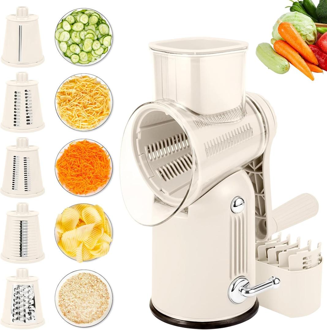 Rotary Cheese Grater with Handle: 5-in-1 Cheese Grater Hand Crank, Strong Suction Base for Fruit Vegetables Nuts with Blade Storage Box (White)