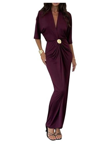 GORGLITTER Women's Metal Ruched Maxi Dress Half Sleeve V Neck Bodycon Cocktail Wedding Guest Dresses Purple X-Large