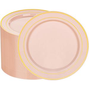 100PCS Pink Plastic Plates, 10 Inch Disposable Dinner Plate Party with Gold Rim, Heavy Duty Disposable Plastic Plates for Party, Wedding & Birthday & Monther's Day