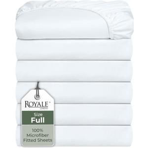 Royale Linens 6 Pack Full Fitted Sheet Set - Bottom Sheet - Ultra Soft & Breathable - Brushed 1800 Microfiber - Wrinkle & Stain Resistant - Hotel Quality Deep Pocket Stretches Up to 16" (Full, White)