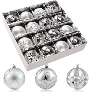 3.15" Silver Christmas Ball Ornaments Set, 16pc Silver Xmas Tree Ornaments Decoration, Shatterproof Large Decorative Hanging Balls with Loop for