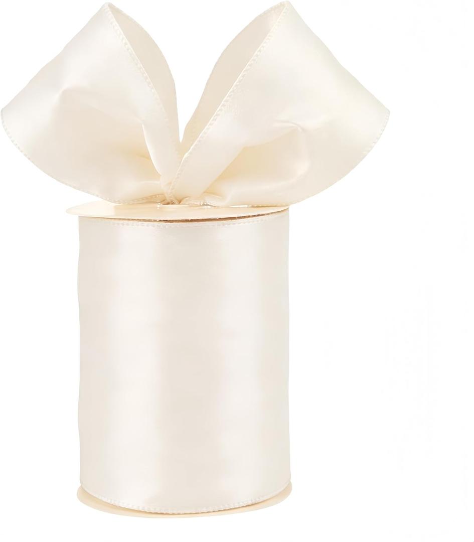 Meseey 4 Inch Ivory Satin Wired Ribbon 20 Yards, Extra Wide Solid Wired Edge Ribbon for Gift Wrapping, Wreaths, Big Bows, Floral Bouquets, Crafts, Wedding, Baby Shower and Home Decorations