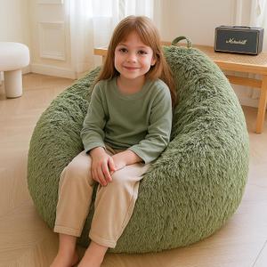 XeGe Kids Fluffy Faux Fur Bean Bag Chair Cover (No Filler), Soft Furry Stuffed Animal Storage Bean Bag Cover for Plush Toys, Shaggy Fuzzy Beanbag for Kids Teens Girls Children, Anti-Slip, Sage Green (Small(28"x28"x32"))