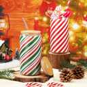 Umigy 6 Pcs Christmas Gift Glasses Cups 16oz Peppermint Candy Cane Cups Christmas Can Shaped Glassware with Bamboo Lids Holiday Drinking Glasses for Iced Coffee Hot Cocoa Bar Cocktails