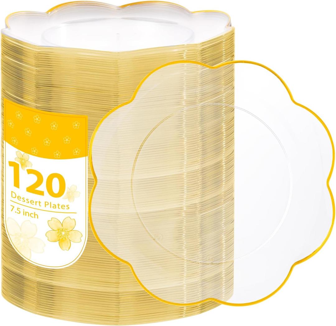LIYH 120 Pcs Clear Plastic Plates - 7.5 Inch Dessert Plates Disposable Heavy Duty Plastic Plate for Wedding Party Clear Disposable Dessert Plate with Gold Trim for Party Bridal Showers Gift