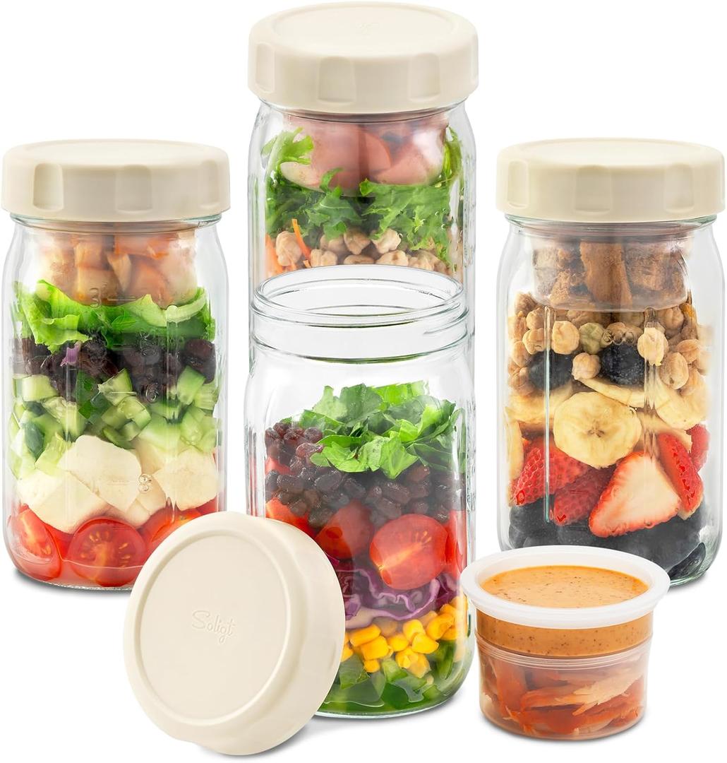SOLIGT 4 Pack Glass Salad Jars with Lids Meal Prep, Leakproof Container for Lunch, Two Small Built-in Boxes with Wet/Dry Separation for Salad Dressing and Dry Ingredients, 32oz Mason Jars (Apricot White)