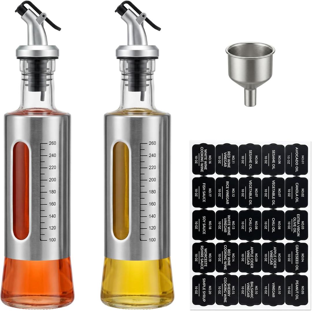 Olive Oil Dispenser for Kitchen, 2 Pack 10oz/300 ML Cooking Oil and Vinegar Dispenser Set with 20 Labels Stainless Steel Funnel, Olive Oil Bottle, Soy Sauce Dispenser, Coffee Syrup Bottles