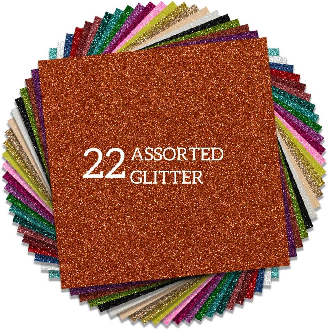 HTV Glitter Heat Transfer Vinyl 12"x12" Bundle 22 Sheets Iron on for DIY Design Shirts Gifts (Assorted 22 Colors)