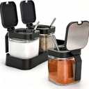 DEAYOU Set of 3 Glass Seasoning Box with Tray, 8.6oz Clear Condiment Canister Pots with 18/10 Stainless Steel Lid and Spoon, Salt Pepper Sugar Storage Container Spice Jar Cruet for Kitchen, Counter