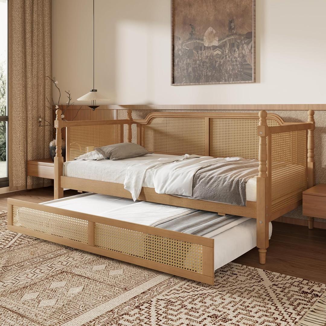 Merax Full Bedframe with Full Size Trundle and Footboard, Vintage Wooden Daybed Platform Bed with Natural Rattan Headboard, Noise-Free, No Box Spring Needed, Antique Walnut