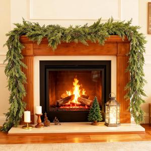 9FT Christmas Cedar Garland, 2Pcs Artificial Real Touch Realistic Greenery Christmas Pine Garland for Fireplace Mantel Table Stairs Indoor Outdoor Holiday Decoration