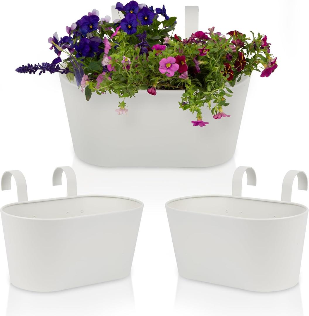 Beautiful Hanging Flower Pots for Outside Railing Or Fence - Stylish Set of 3 Outdoor Planters For Any Balcony, Porch or Deck - Window Planter Boxes Are Perfect to Grow Fresh Herbs & Flowers at Home (Cream White)