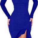 BORIFLORS Women's Sexy Ruched Bodycon Midi Dresses Elegant Mesh Long Sleeve Square Neck Ruffle Hem Cocktail Party Dress (Large, Royal Blue)