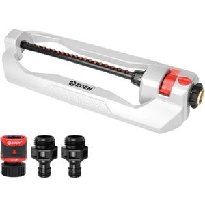 Eden 94111 Heavy Duty Metal Oscillating Sprinkler, Covers Up to 3,328 sq. ft., 20 Precision Nozzles, Flow Control, Adjustable Range, Quick Connect Bundle, Silver, Red, Black