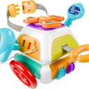 iPlay iLearn 10-in-1 Montessori Busy Board for 1 Year Old - Toddler Toys 1-2 Years with Car Steering Wheel & Keys, Car Travel Toys for Toddlers 1-3, Sensory Activity Cube, Birthday Gifts Baby Boys Girls