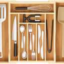 Expandable and Adjustable Bamboo Drawer Organizer Tray - Cutlery Drawer Organizer for Kitchen Utensils, Silverware Organizer with Dividers, 7-9 Slots with Curved Grooves (Natural)
