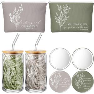 Fumete 2 Set Christian Gift for Women Bulk Mothers Day Religious Makeup Bag Bible Verse Glass Cup Mini Christian Compact Mirror Gifts for Church Members Women Basket Stuffers (Neutral Colors)