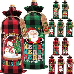 12PCS Burlap Bag Christmas Gift Bags, Drawstring Retro Christmas Bottle Cover Gift Bag w/ Tag, Buffalo Plaid Wines Bags for Bottles Gifts Reusable Bottle Covers for Xmas Holiday Party Decor (Classic Red & Green Plaid)