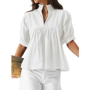 Skoinvb Womens Summer Babydoll Tops V Neck Short Puff Sleeve Peplum Shirt Loose Fit Casual Pleated Blouse White XL (White, XL)