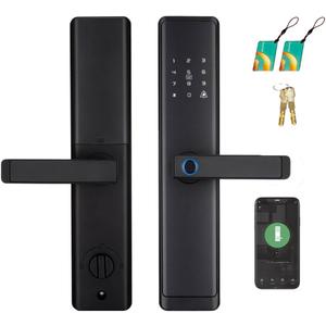 Fingerprint Door Lock with Handle - Tuya App Control & Mechanical Key Backup - 5-In-1 Keyless Entry Smart Lock - Fits 1.38-4.72 Inch Doors, Auto Lock & USB Emergency Power for Home, Office