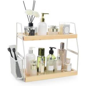 Bathroom Counter Organizer, 2-Tier Standing Storage Shelf with Basket, Wood Tray for Skincare Vanity Organizer(White), 14" x 6" x 13"