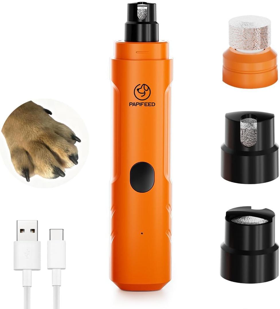 PAPIFEED Dog Nail Grinder with LED Light, Ultra Quiet 3-Speed Electric Nail File for Small Medium Large Dogs & Cats, Rechargeable Pet Nail Grinder with Trimmer (Orange)