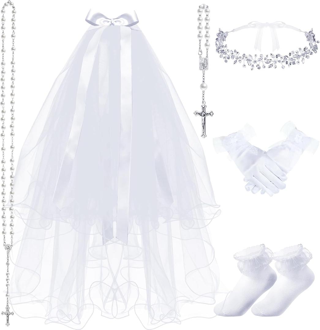 Funtery 6 Pcs First Communion Veils Girls Catholic Set 1st Communion Wreath Veil Headpiece Sock Necklace Bracelet Kid Wedding