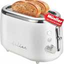 Mueller Retro Toaster 2 Slice with 7 Browning Levels and 3 Functions: Reheat, Defrost & Cancel, Stainless Steel Features, Removable Crumb Tray, Under Base Cord Storage, White