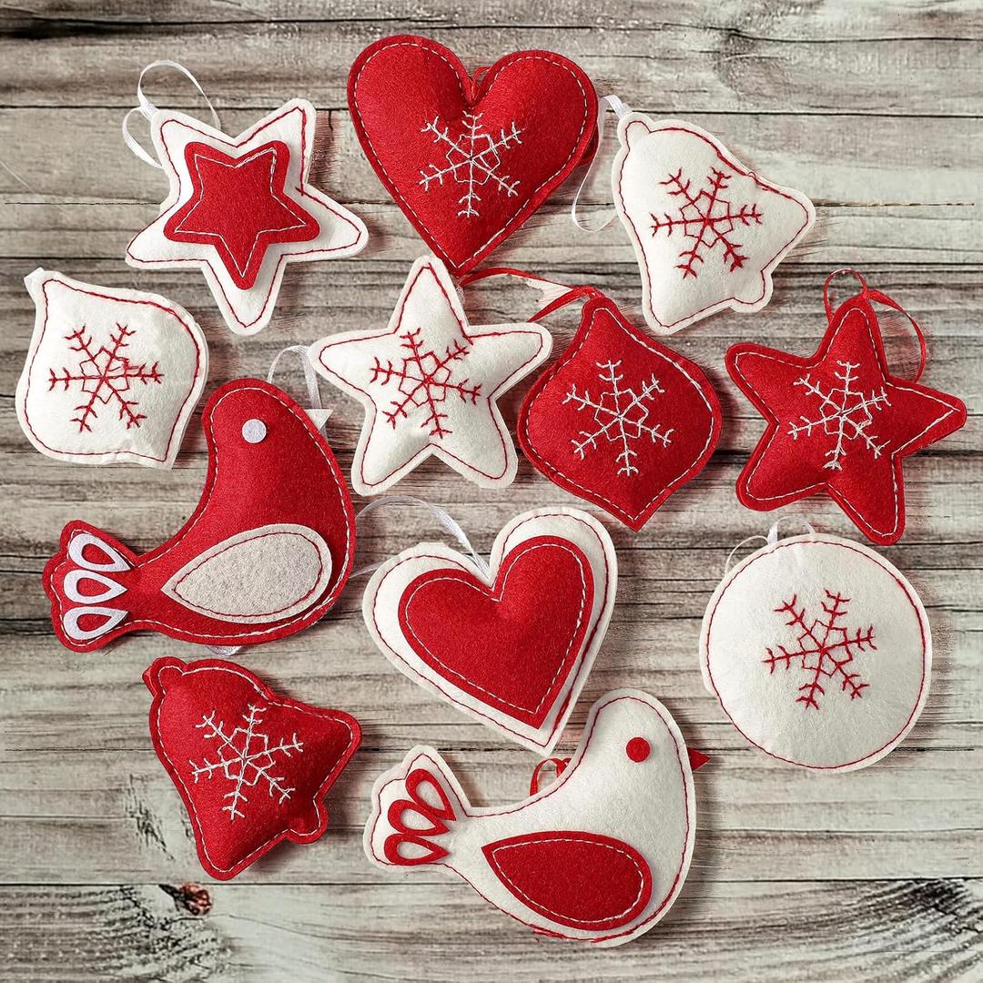 SmoothNovelty 12 Pcs Christmas Felt Ornaments for Tree Decoration Snowflake 3D Hanging Decoration Jingle Bell Heart Classic Red White Hanging Felt Craft Decor for Christmas Winter Favors Gifts