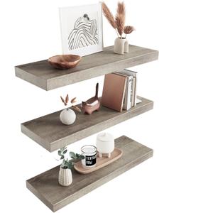 Colima Floating Shelves for Grey Wood Wall Shelf for Bedroom, 24 Inch Wall Mounted Floating Shelves for Bathroom Living Room Kitchen Office, 1.5" Thick Floating Book Shelves for Wall, Set of 3