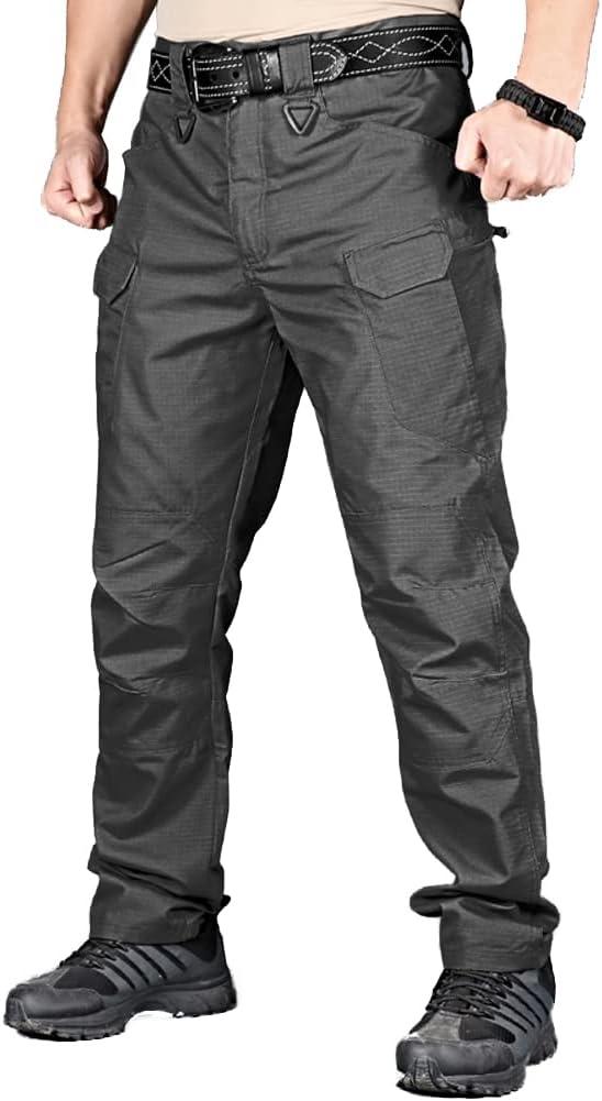 HYCOPROT Men's Hiking Pants Ripstop Water Repellent Lightweight Casual Cargo Pants Quick Dry Army 10 Pockets Work Trousers (38 Regular, Black)