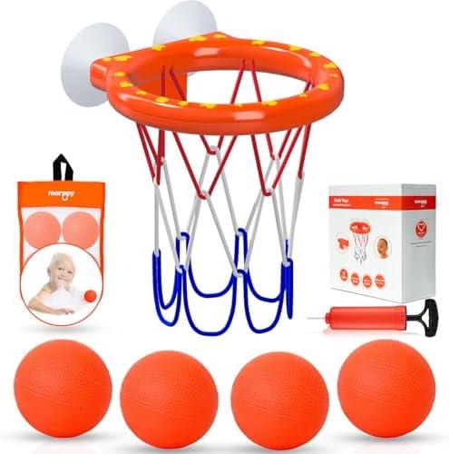 Bath Toys – Bathtub Basketball Hoop for Toddlers, Kids, Boys and Girls | 4 No-Hole Balls & Strong Suction Cups | Fun Basketball Bath Toy for Toddlers
