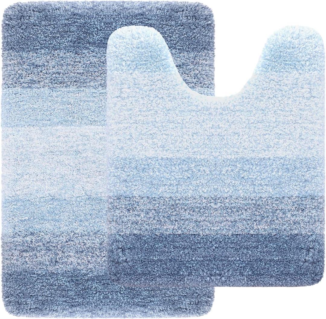Arotive Microfiber Bathroom Rugs and Toilet Rugs U-Shaped, Bath Rug Size 24x16 and Toilet Rugs Size 24x20 in Light Blue, 2 Item Bundle