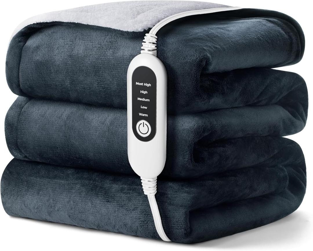 Electric Heated Blanket, Soft Flannel Fabric Heating Blanket Features 5-Level Temperature Adjustment Machine Washable ETL Certified Double-Sided Heating (Blue & White)