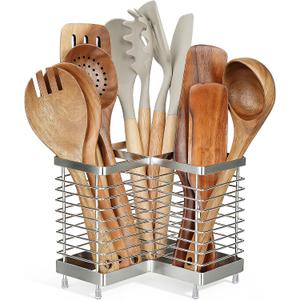 Utensil Holder, Stainless Steel Corner Utensil Holder for Kitchen Counter, 3 Compartments Utensil Crock Organizer for Spatulas, Silverware, Forks, Knives, Spoons & Cooking Tools, 6.3"L × 6.3"W × 6.3"H