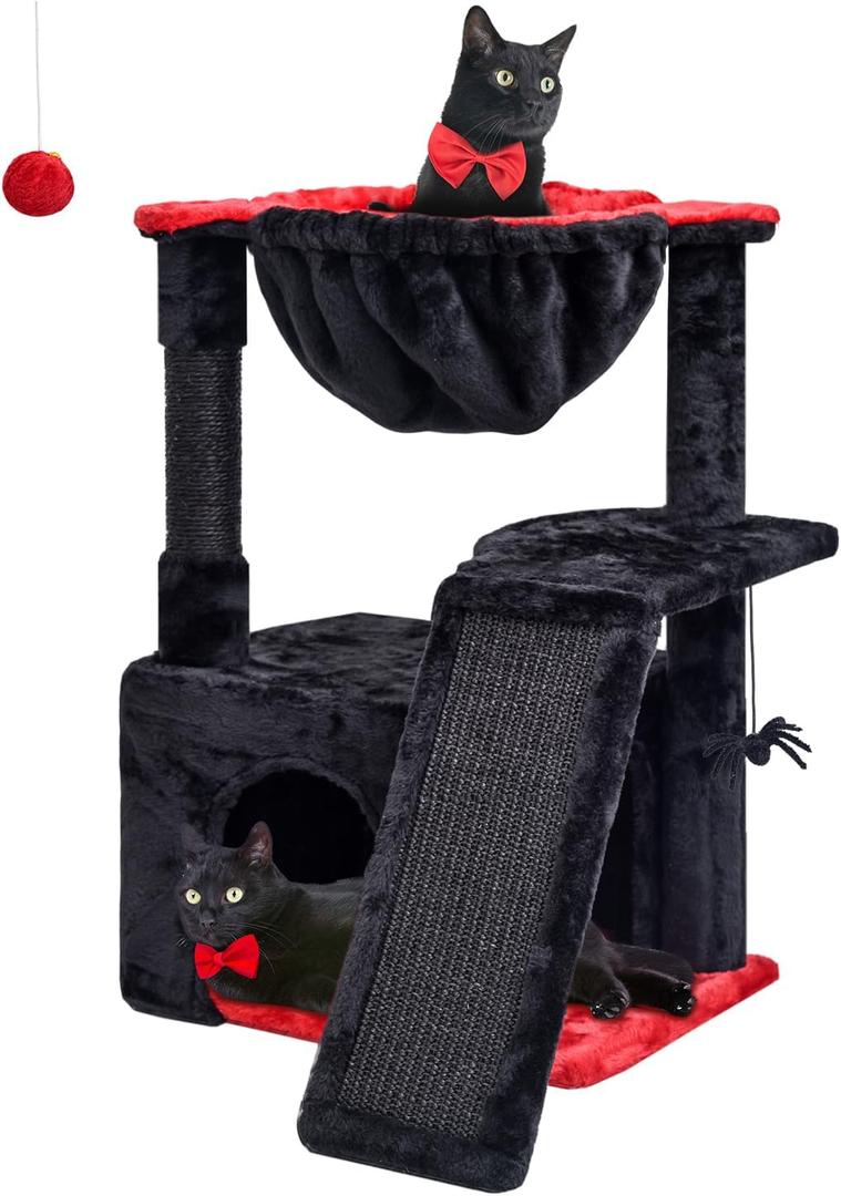 SYANDLVY Gothic Cat Tree for Indoor Cats Large Adult, Modern Activity Tower with Scratching Posts & Board, Condo with Plush Perch, Cradle & Hanging Ball & Spider for Play, Black