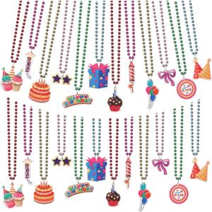 Ecally 48 Pcs Colorful Happy Birthday Beads Necklaces Bulk 33 Inch Cupcake Balloon Beaded Necklaces for Birthday Party Favors