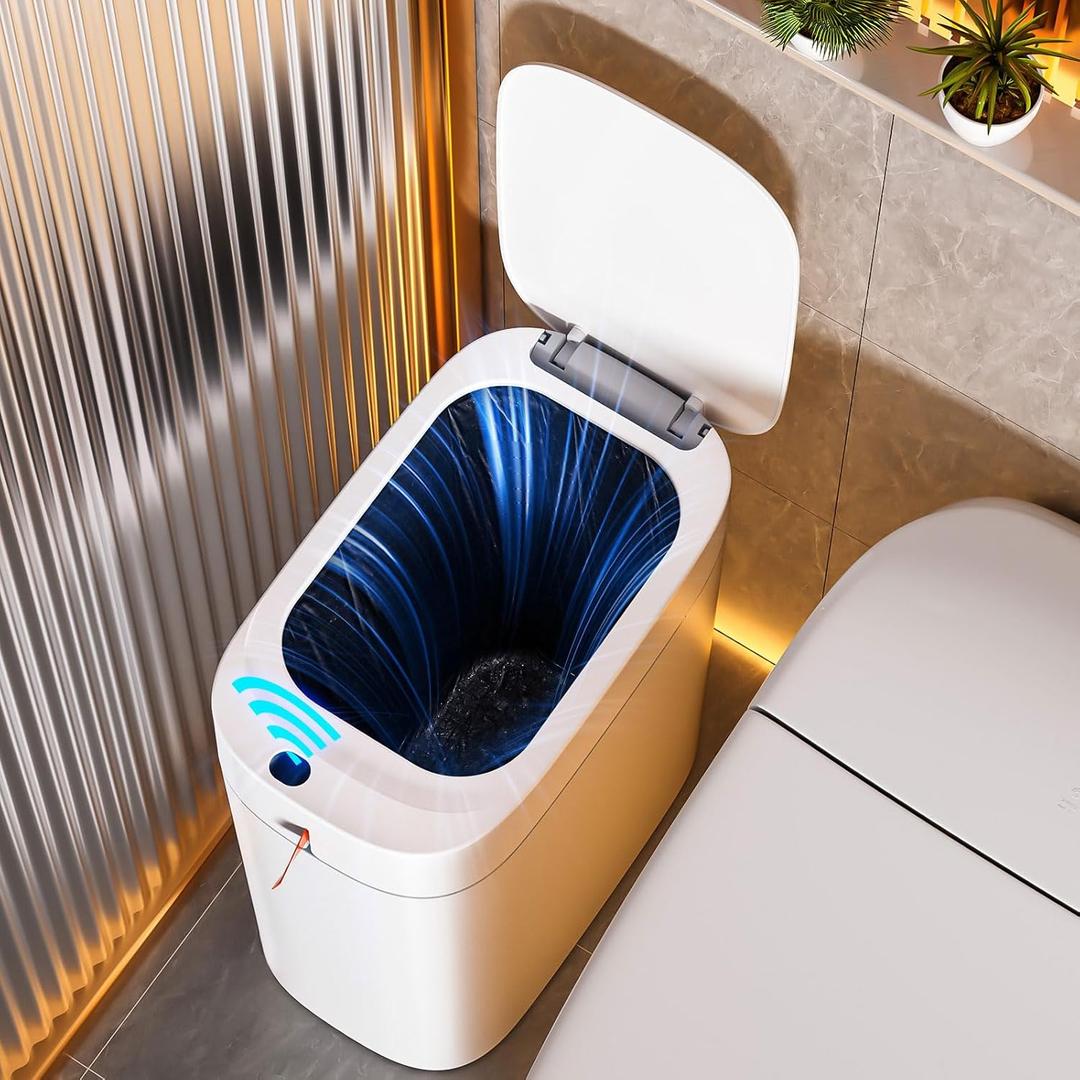 Funest Bathroom Trash Can with Lid, Automatic Motion Sensor Trash Can, 3.5 Gallon Garbage Can, Type-C Rechargeable, Bag-Holding Design, One-Pull Auto Packing, Quiet-Close Hinge for Bedroom, Office