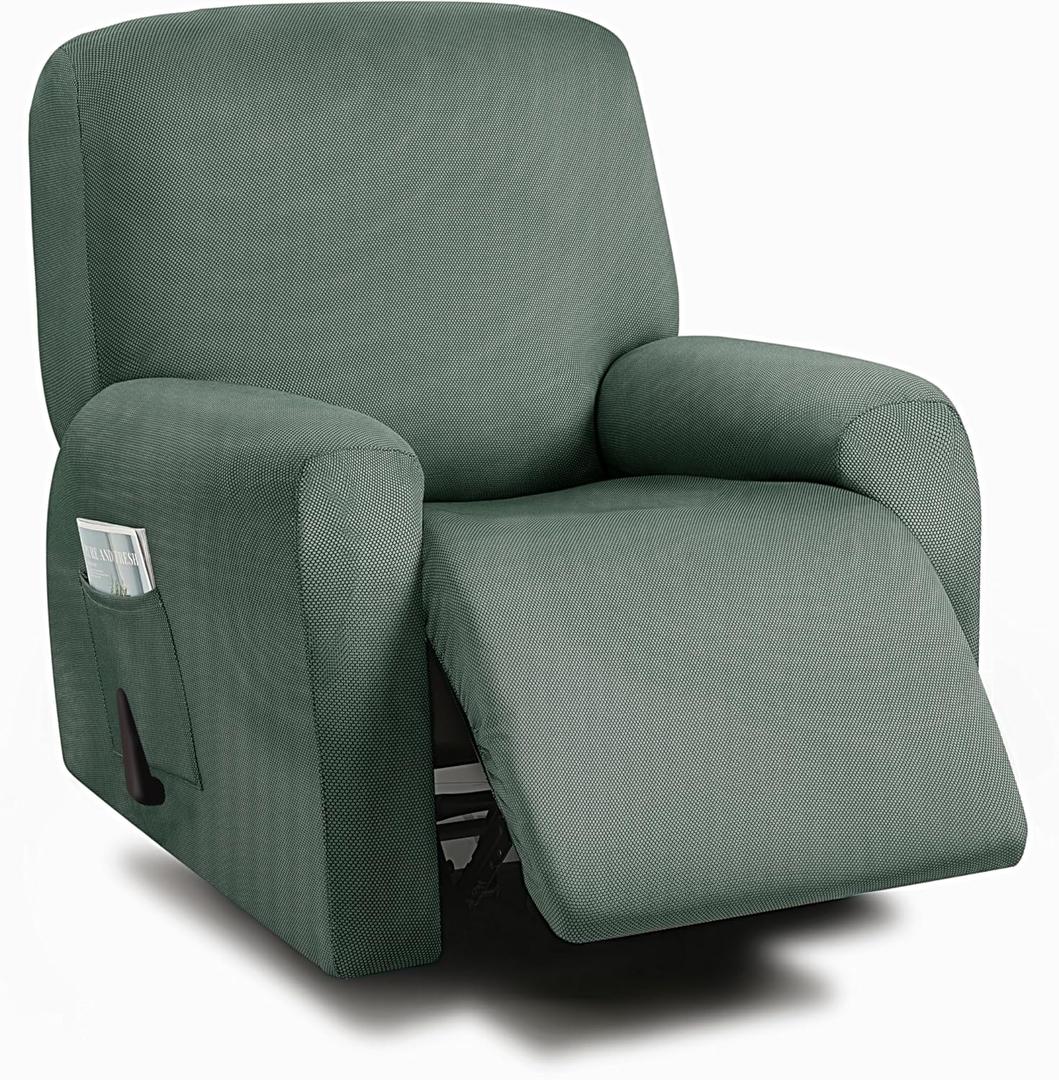 ULTICOR 4-Piece, 1 Seat Recliner Cover, Yarn Dyed Reclining Chair Covers for 1 Cushion Reclining Sofa, Single Seat Recliner Couch Cover, Soft, Machine Washable (Retro Green, Recliner Cover)