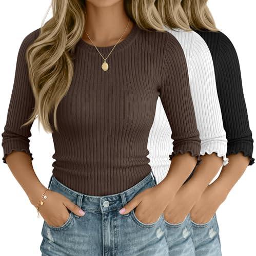 Huukeay 3 Pack Women’s 3/4 Sleeve Tops, Ribbed Knit Cotton Slim Fitted Crew Neck Shirts Stretchy Casual Basic Tight Top M